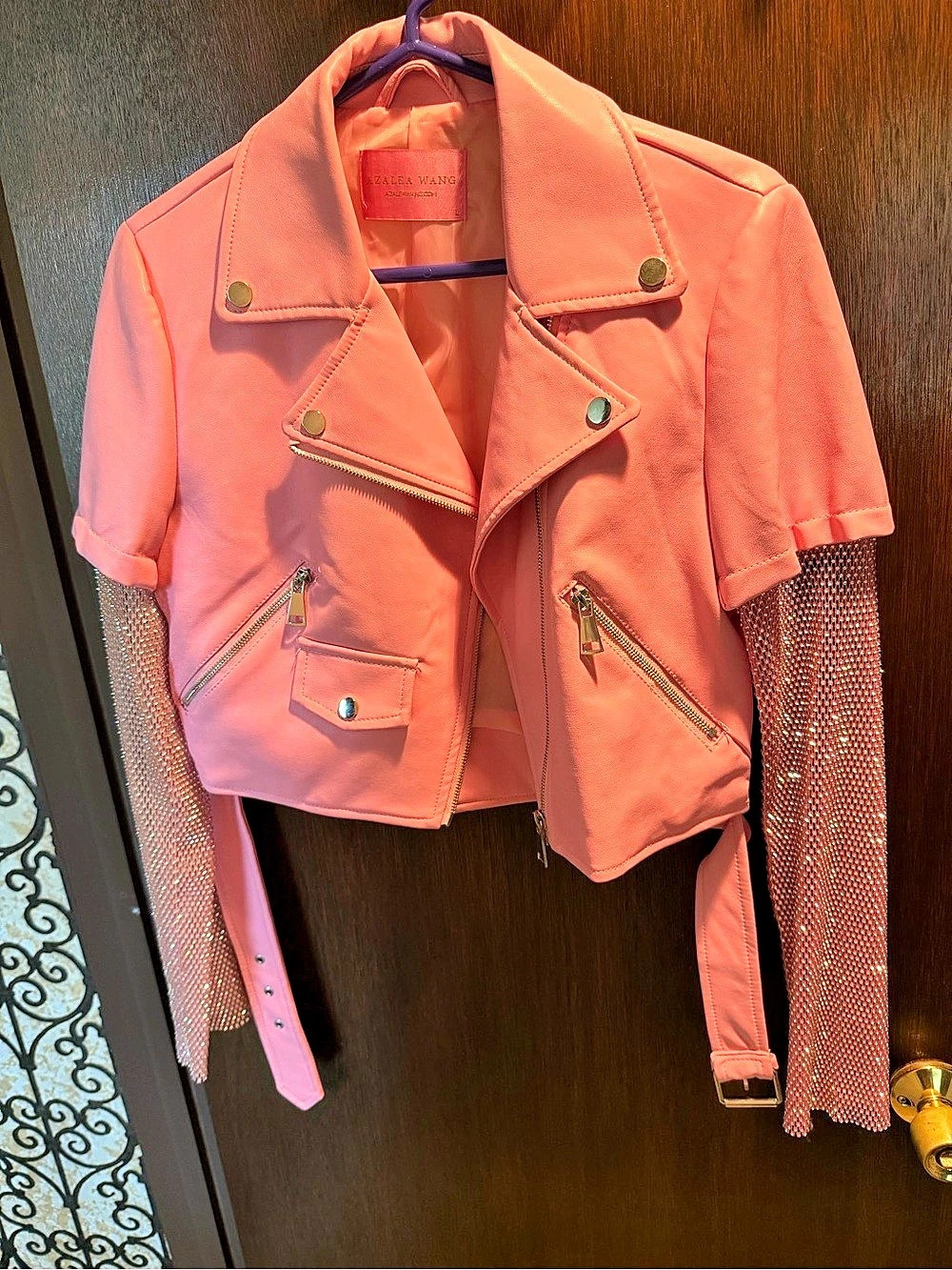 Azalea Wang Mesh Sleeve Cropped Faux Leather Moto Jacket Pink rhinestone NEW lar